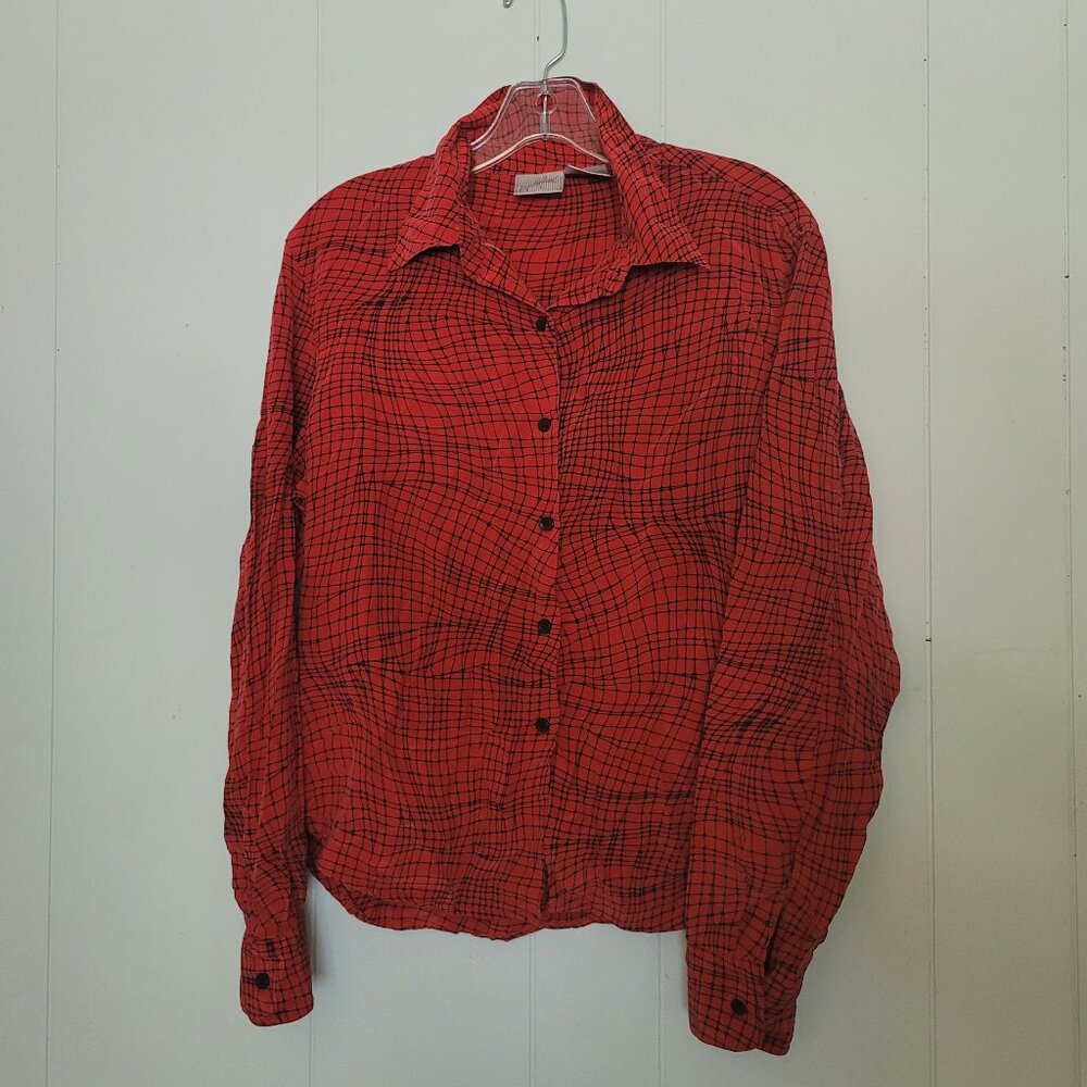 VTG Jacqueline Ferrar Red & Black 100% Silk Button-Up Shirt, Women's Size 12